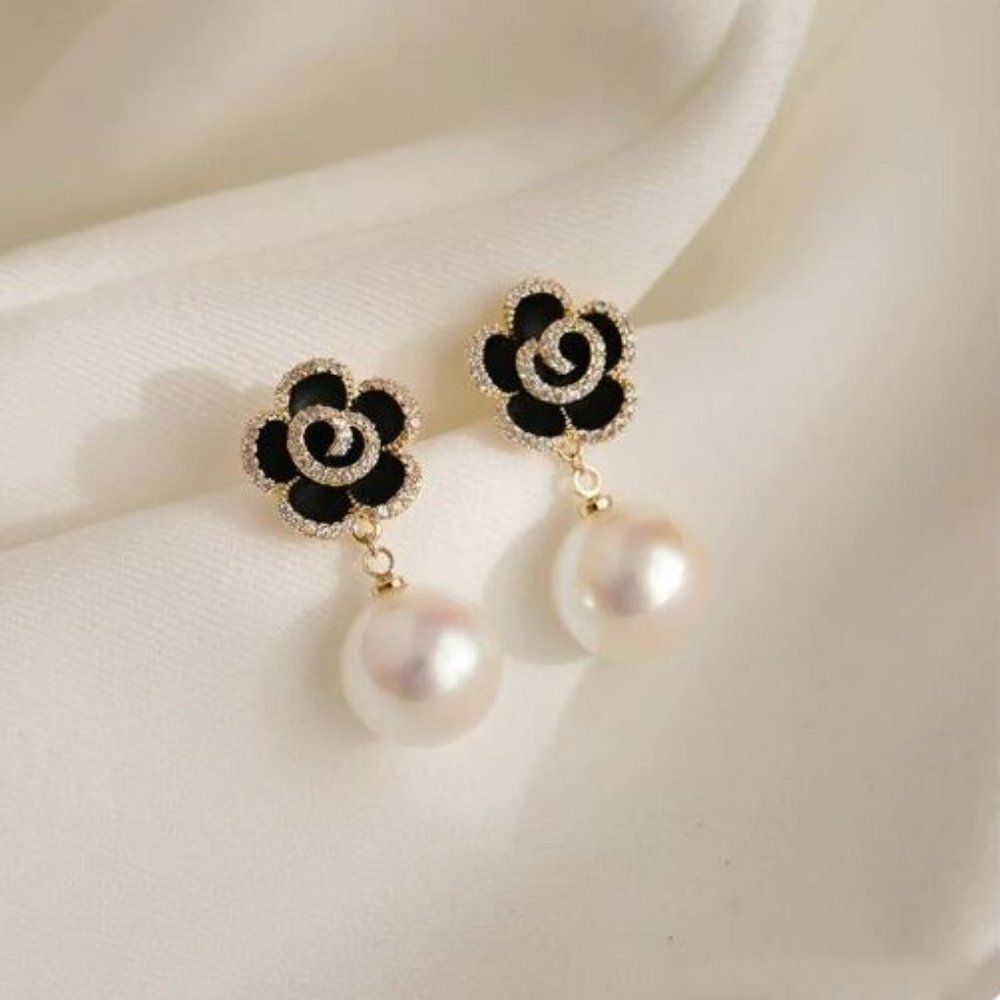 NEW Black Enamel Crystal Camellia Flower Pearl Drop Earrings Pierced